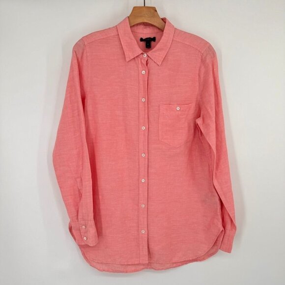 J. Crew Womens Coral Button-Up Shirt top tunic  Size 8 Linen Blend long sleeve - Picture 2 of 12